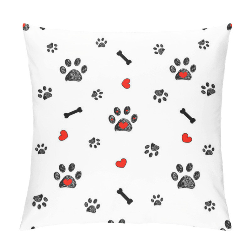 Personality  Doodle Black Paw Prints, Bone With Red Heart Vector Seamless Pattern For Fabric Design Pillow Covers