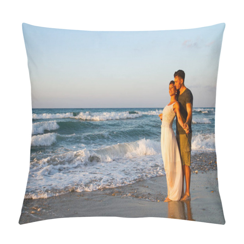 Personality  Young Man, And Young Woman, Loving Young Couple Enjoy Walking Barefoot On Wet Sand, Romancing At Summer Dusk. Travel Vacation Lifestyle Concept. Pillow Covers