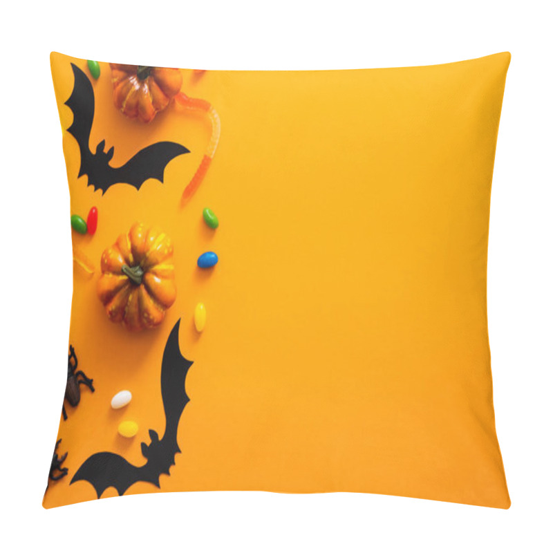 Personality  Halloween Holiday Concept. Halloween Decorations, Pumpkins, Bats, Candy, Bugs On Orange Background. Halloween Party Greeting Card Mockup With Copy Space. Flat Lay, Top View, Overhead. Pillow Covers