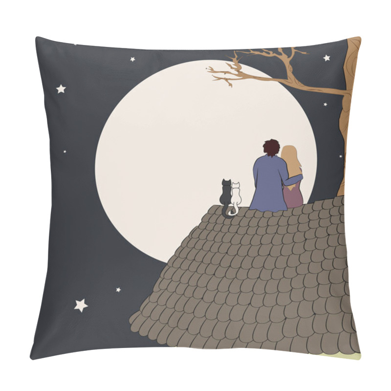 Personality  Hand Drawn Vector Illustration Of Loving Couple Sitting On Roof, Looking At Moon Under Stars In Night Sky With Text Place. Good For Memory Or Valentine Card Design Pillow Covers