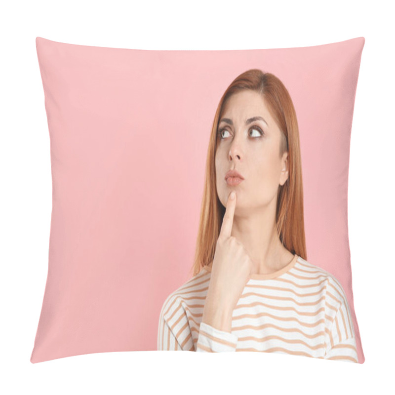 Personality  Pensive Woman On Pink Background, Space For Text. Thinking About Answer To Question Pillow Covers