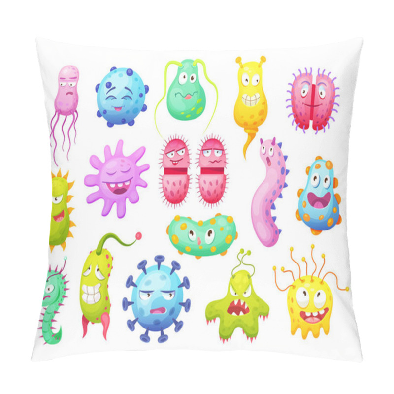 Personality  Microorganism, Bacteria, Microbes, Cute Germs, Virus Cell, Bacillus With Funny Smiley Faces. Viruses Bacteria Emoticon, Microbe Monsters Smiling Pathogen Microbes Coronavirus Cartoon Characters Vector Pillow Covers