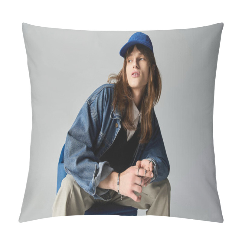 Personality  A Young Man Showcases His Trendy Outfit, Exuding Fashion Confidence And Charisma. Pillow Covers