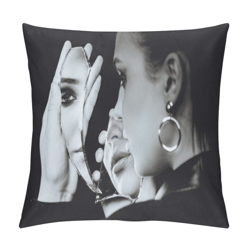 Personality  Perfect Woman Looking At Broken Mirror On Black Background, Black And White Portrait Pillow Covers