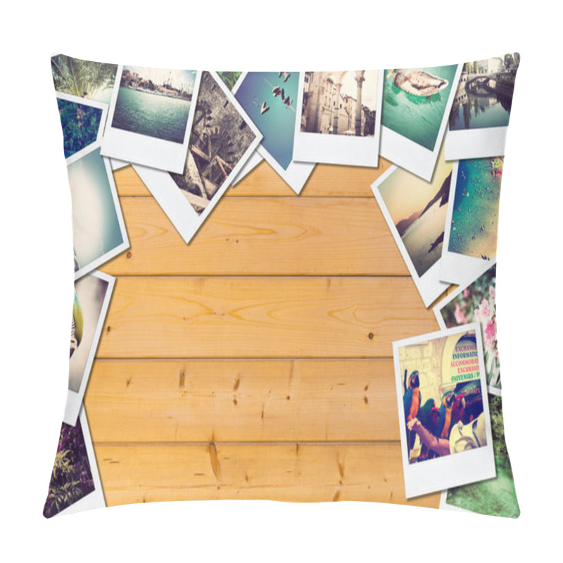 Personality  Frame With Old Paper And Photos On Wooden Background. Pillow Covers