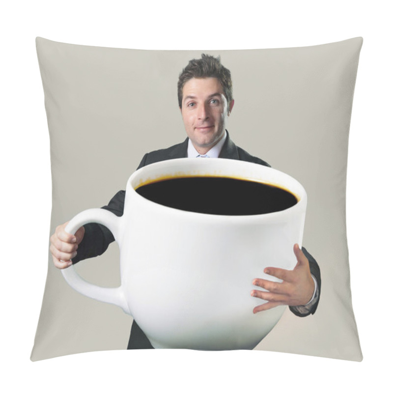 Personality  Happy Businessman Holding Funny Huge  Oversized Cup Of Black Cof Pillow Covers