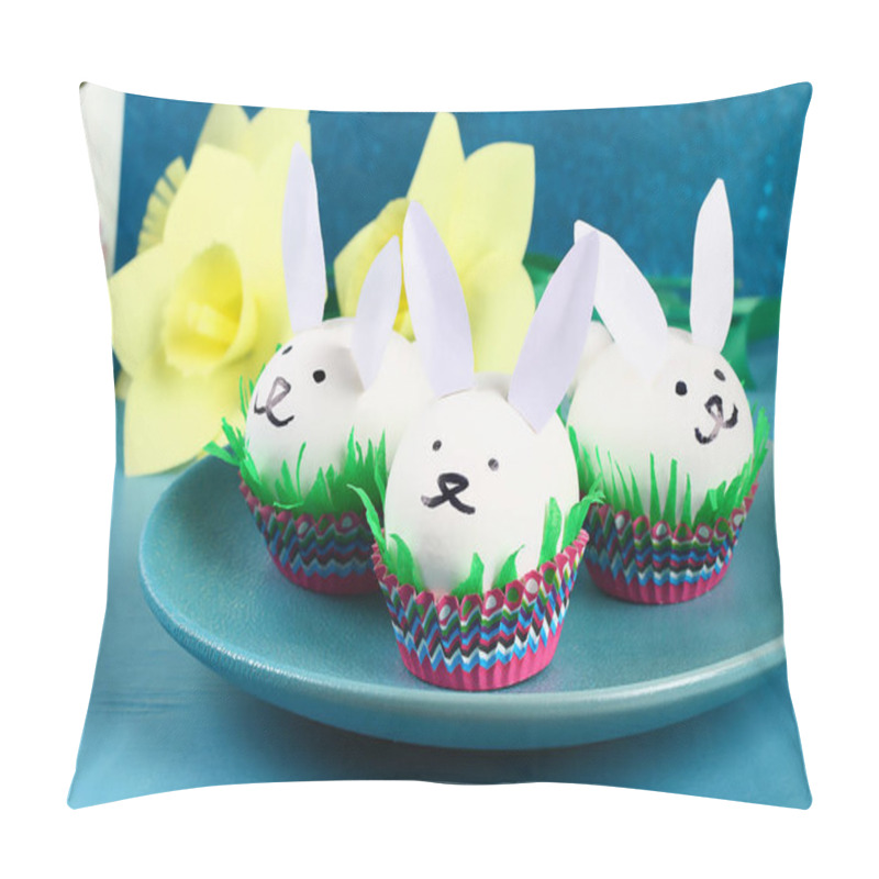 Personality  Diy Rabbit From Easter Eggs On Blue Background. Gift Ideas, Decor Easter, Spring. Handmade. White Easter Egg Bunny, Grass Crepe Paper, Cup Muffin Cupcake. Step By Step. Process Kid Crafts. Pillow Covers