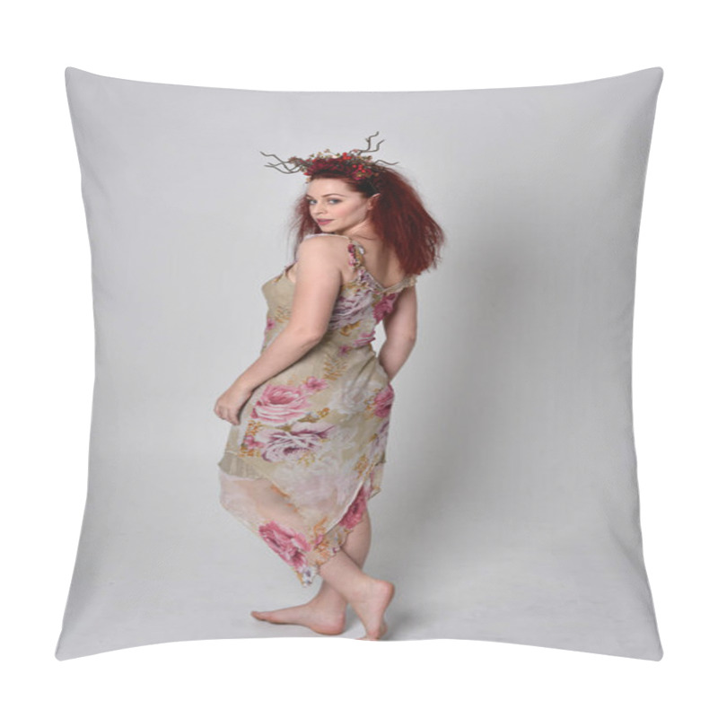 Personality  Full Length Portrait Of Red Haired Girl Wearing Floral Dress And Headdress. Standing Pose On Grey Studio Background. Pillow Covers