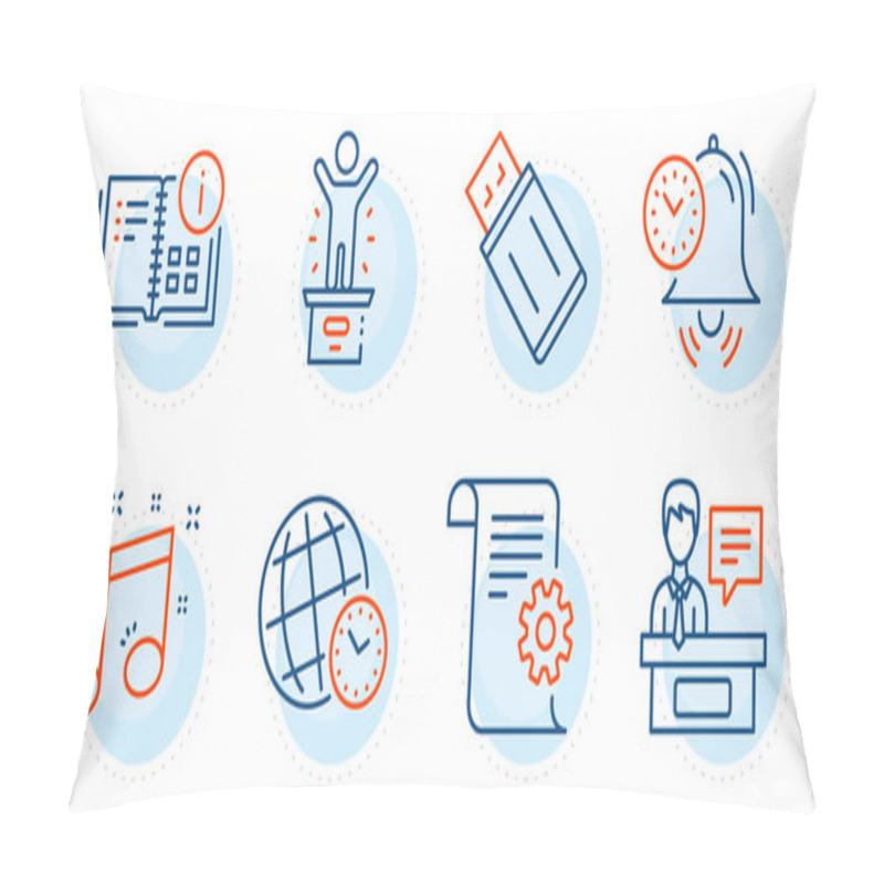 Personality  Usb Flash, Instruction Info And Winner Podium Signs. Musical Note, Time Management And Time Zone Line Icons Set. Technical Documentation, Exhibitors Symbols. Music, Alarm Clock. Vector Pillow Covers