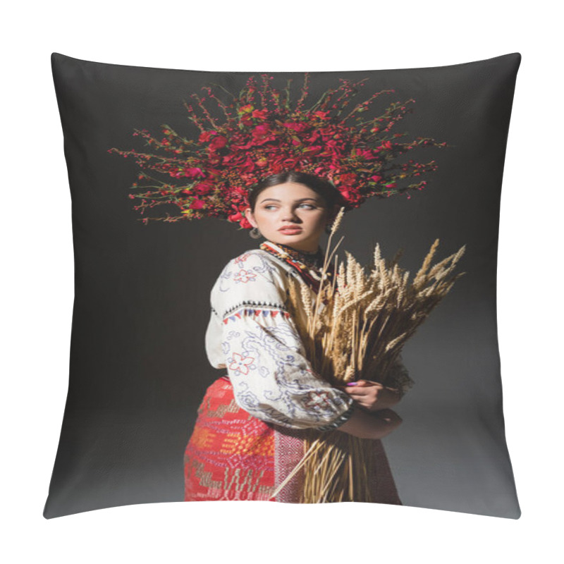 Personality  Brunette And Young Ukrainan Woman In Red Floral Wreath With Berries Holding Wheat Spikelets On Black Pillow Covers