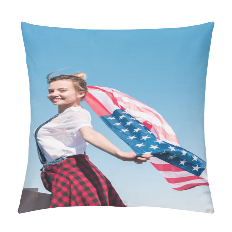 Personality  Young Woman Holding American Flag Against Blue Sky, Independence Day Concept Pillow Covers