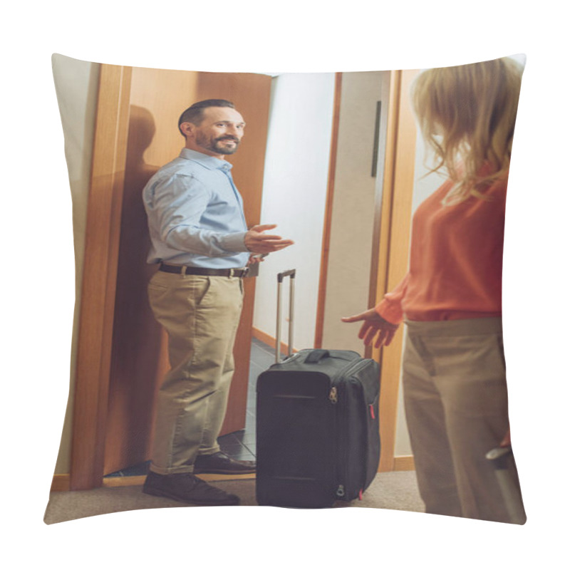 Personality  Mature Couple With Suitcases Entering Into Hotel Room Pillow Covers