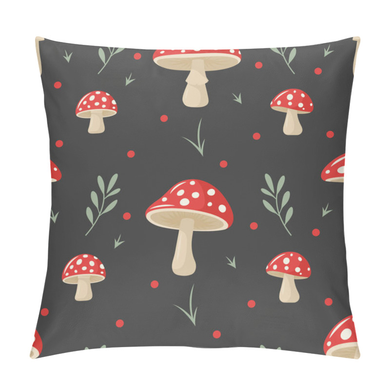 Personality  Vector Seamless Pattern With Hand Drawn Cartoon Flat Mushrooms On Black Background. Amanita Muscaria, Fly Agaric Illustration, Mushrooms Collection. Magic Mushroom Symbol, Design Template. Pillow Covers