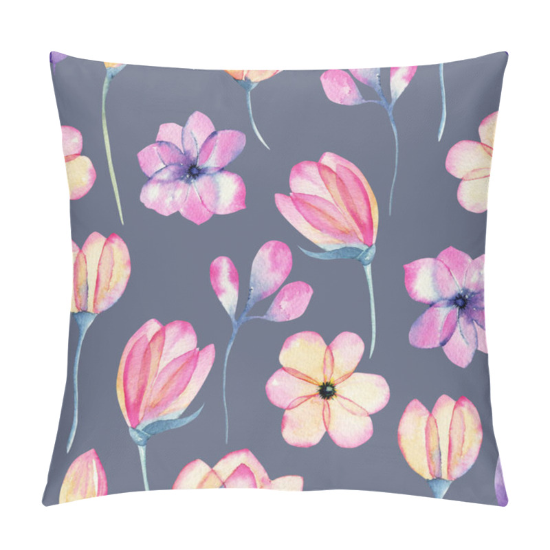 Personality  Watercolor Pastel Pink Apple Blossom Flowers Seamless Pattern, Hand Painted On A Blue Background Pillow Covers