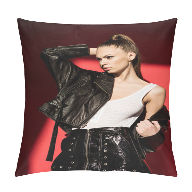 Personality  Beautiful Girl Posing In Black Leather Jacket For Fashion Shoot On Red Pillow Covers