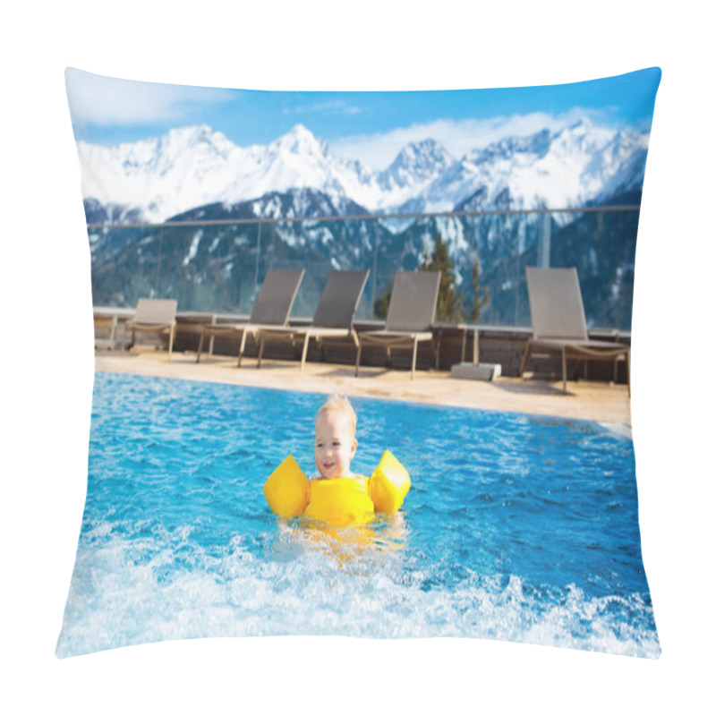 Personality  Child In Outdoor Swimming Pool Of Alpine Resort Pillow Covers