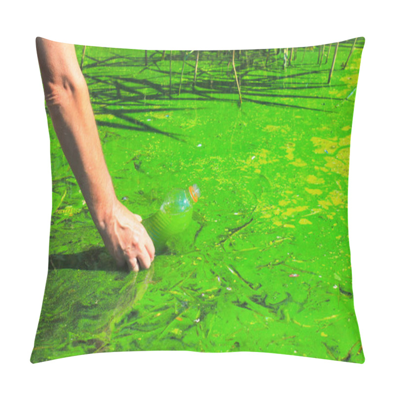 Personality  Global Pollution Of The Environment And Water Bodies. A Man Collects Green Water In A Bottle For Analysis. Water Bloom, Reproduction Of Phytoplankton, Algae In The Lake, River, Poor Ecology Pillow Covers