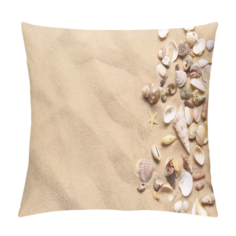 Personality  Beautiful Seashells And Starfishes On Beach Sand, Flat Lay With Space For Text. Summer Vacation Pillow Covers