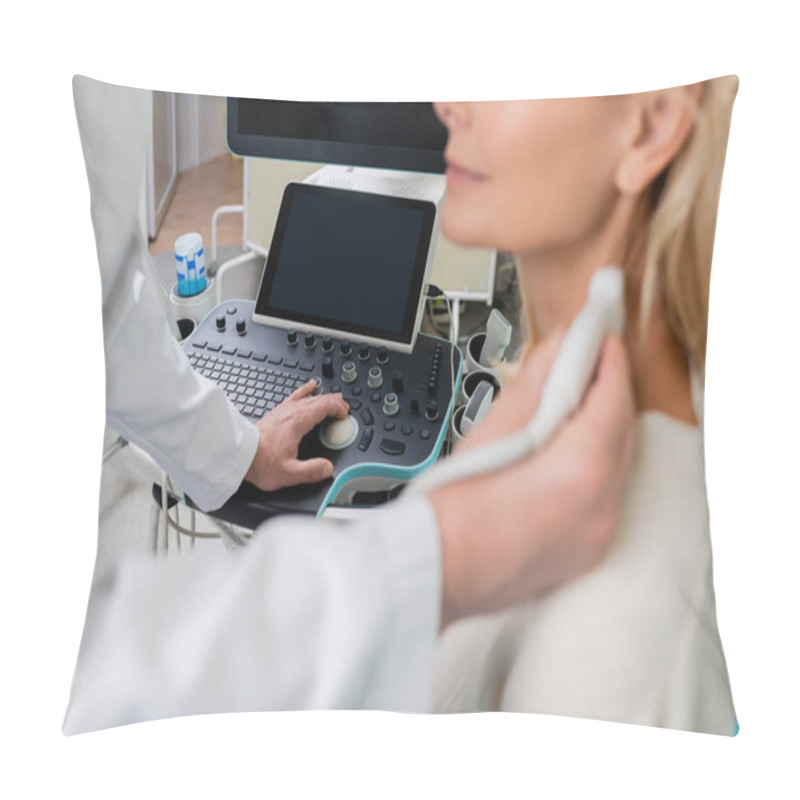 Personality  Partial View Of Physician Examining Blurred Woman While Operating Ultrasound Machine Pillow Covers