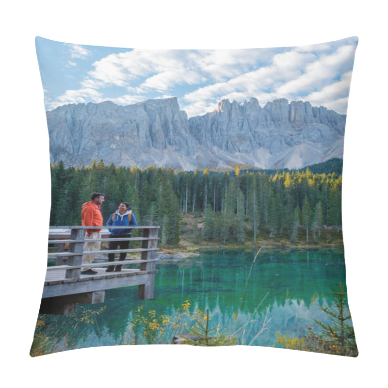 Personality  Two Hikers On A Wooden Platform By The Serene Emerald Lake, Surrounded By Majestic Dolomite Peaks And Lush Forests Under A Vibrant Sky. Lake Carezza Or Karersee Dolomites In Italy. Pillow Covers