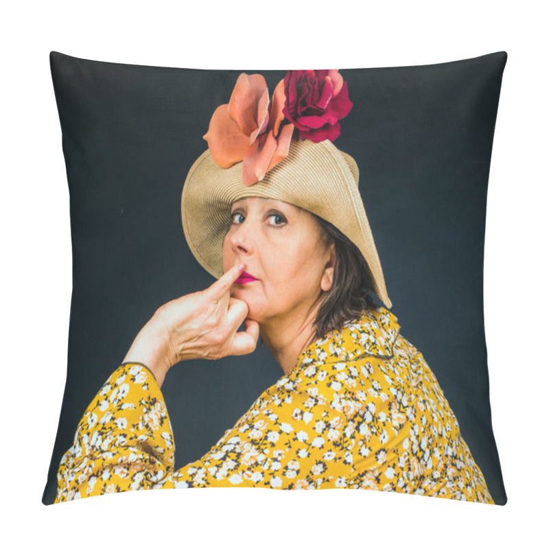 Personality  Pensive Mature Woman In A Hat And A Summer Yellow Dress With A Pattern, A Studio Portrait On A Black Background. Pillow Covers