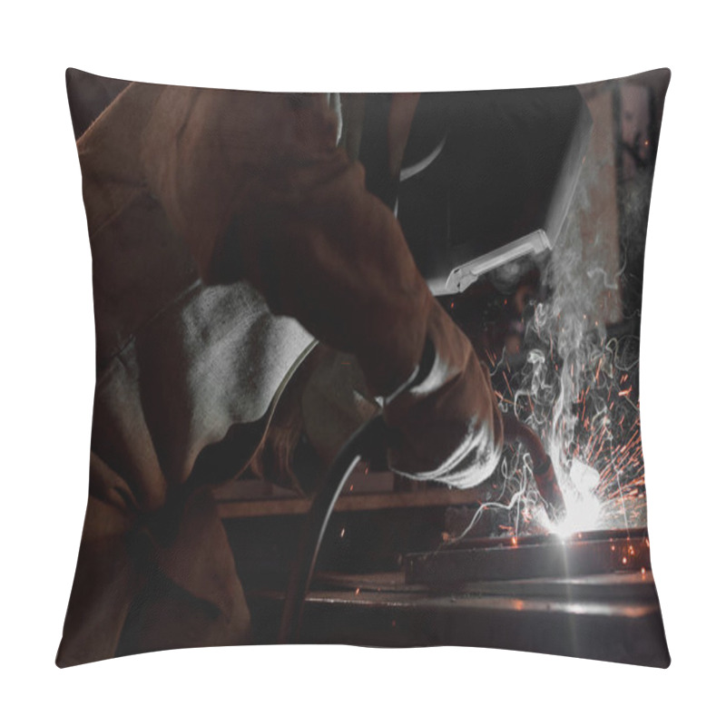 Personality  Cropped Image Of Manufacture Worker Welding Metal With Sparks At Factory  Pillow Covers