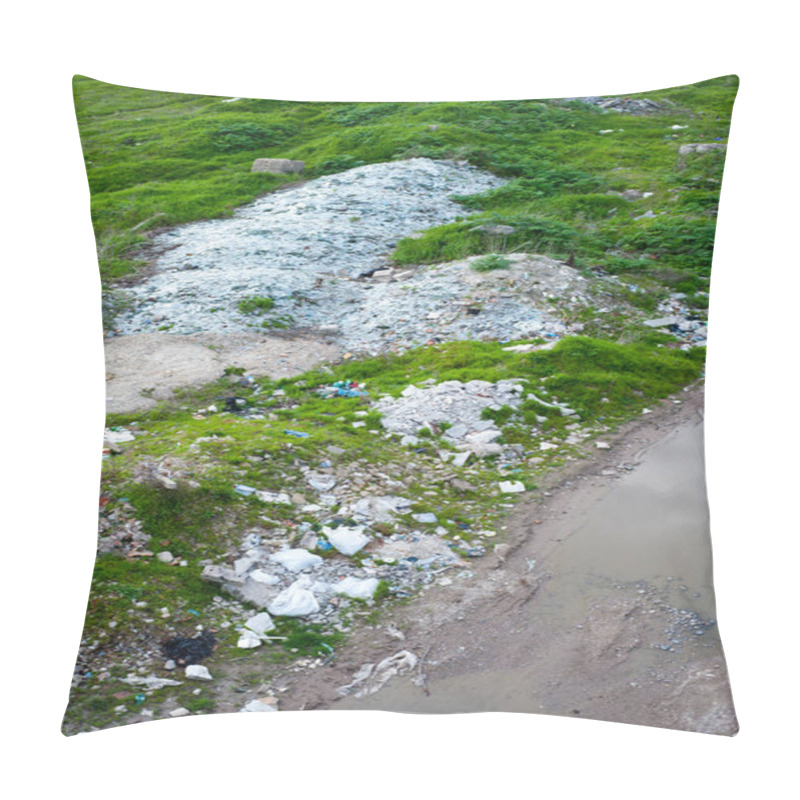 Personality  Concept Or Conceptual Unhygienic Polluted River,sewage Or Dirty Water And Grass With Waste,trash And Dump Background Pillow Covers