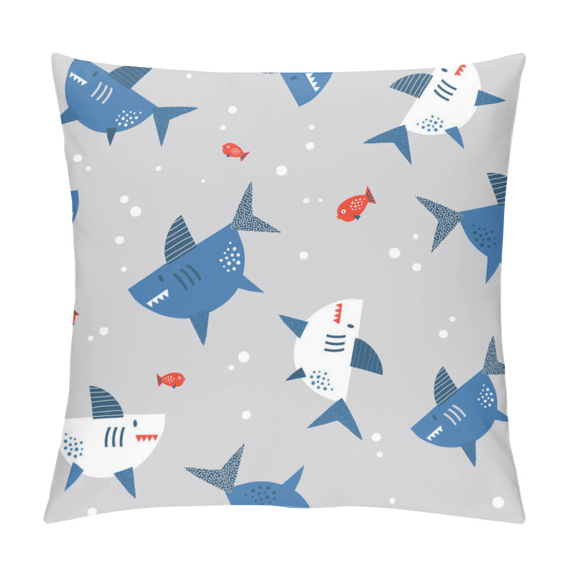 Personality  Blue Red White Papercut Shark And Fish Water Bubbles Vector Seamless Pattern Pillow Covers