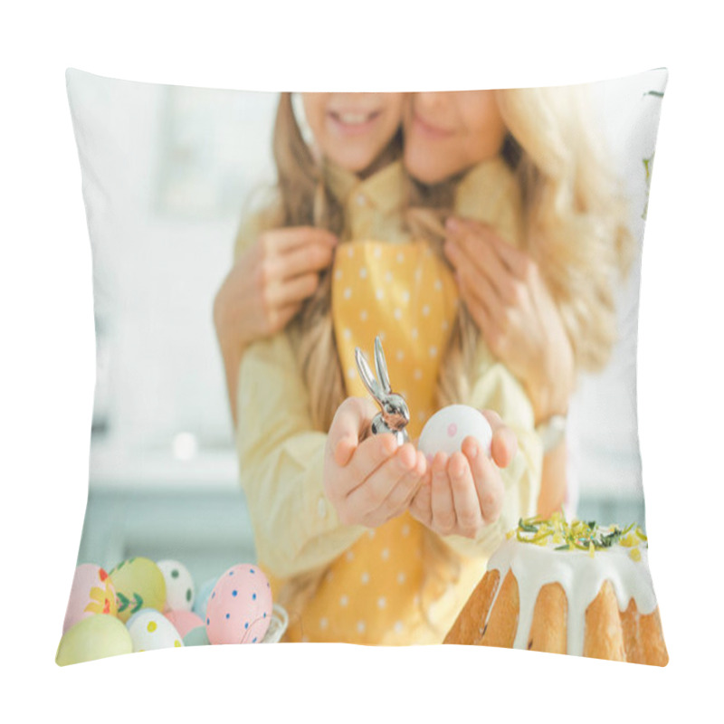 Personality  Cropped View Of Happy Mother Hugging Daughter Holding Decorative Rabbit And Painted Easter Egg  Pillow Covers