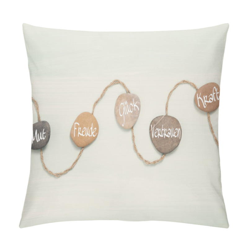 Personality  Five Stones With German Text For: Courage, Happiness, Luck, Trus Pillow Covers