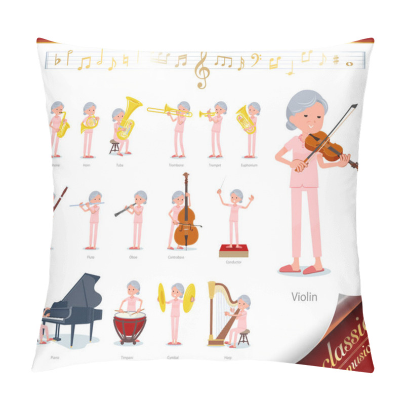 Personality  A Set Of Senior Women On Classical Music Performances.There Are Actions To Play Various Instruments Such As String Instruments And Wind Instruments.It's Vector Art So It's Easy To Edit. Pillow Covers