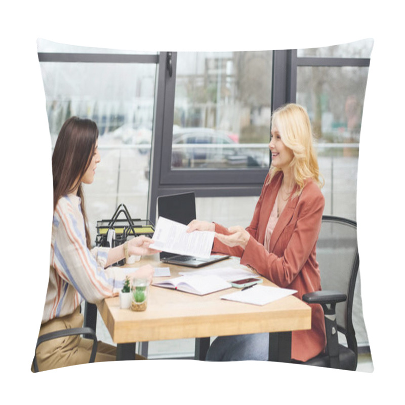 Personality  Two Women Engage In A Discussion At A Desk. Pillow Covers