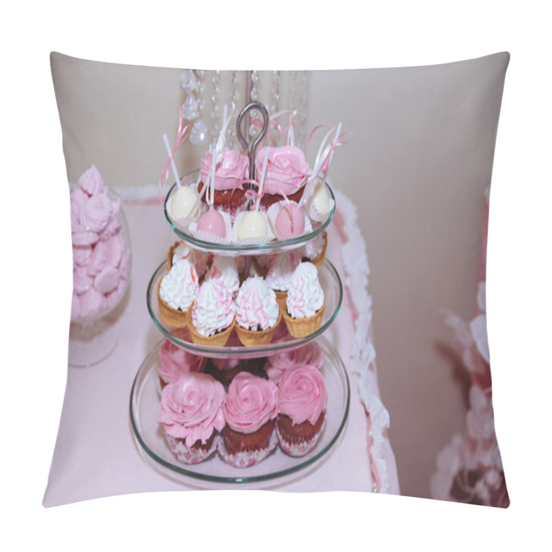 Personality  Wedding Cake. Candy Bar Marshmallow On The Table In A Vase, Macaroon, And Cupcake, Decor Vanilla, Handmade Sweets Pillow Covers