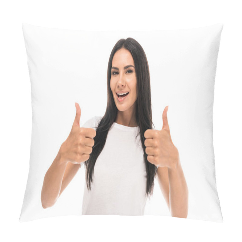 Personality  Young Happy Woman Showing Thumbs Up Isolated On White  Pillow Covers