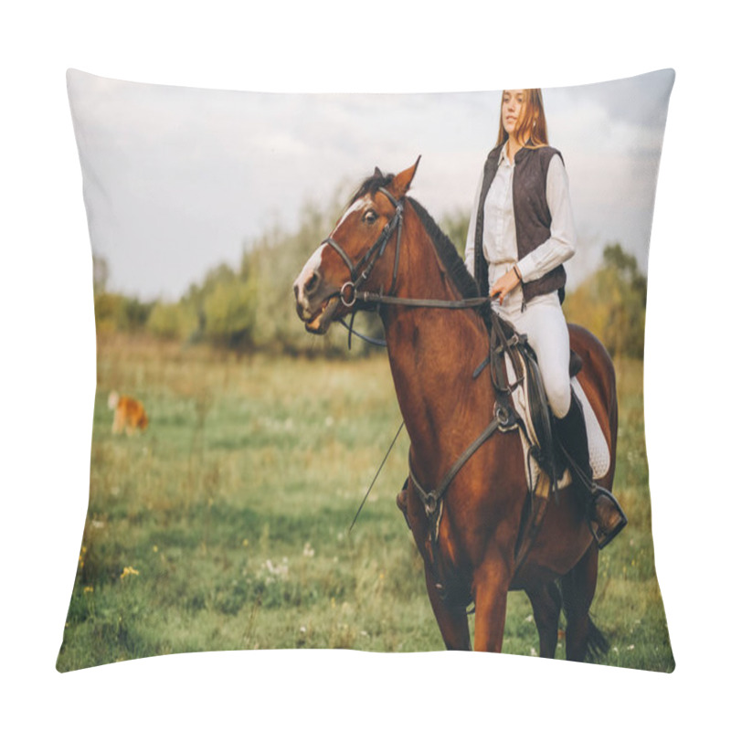 Personality  Young Beautiful Blonde Woman Jockey Rides A Brown Horse In A Meadow At Sunset In Summer. Preparing For An Equestrian Competition. Pillow Covers