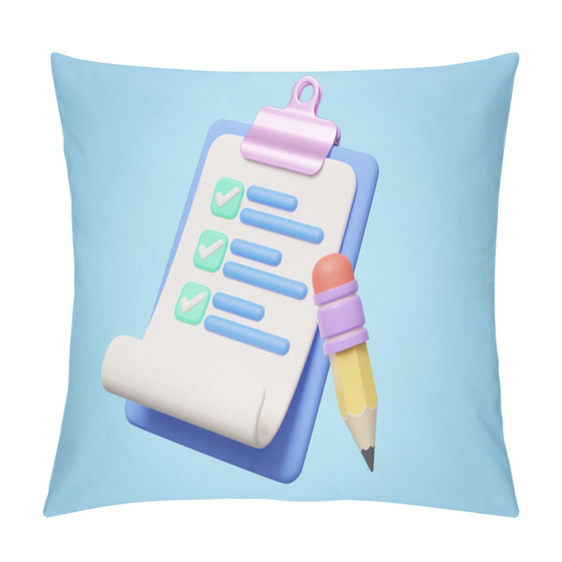 Personality  3d Checklist And Pencil On Blue Background. Confirmed Or Approved Document Icon. Beige Clipboard With Paper Sheets With Check Marks Symbol. Cartoon Icon Minimal Style. 3d Render With Clipping Path. Pillow Covers