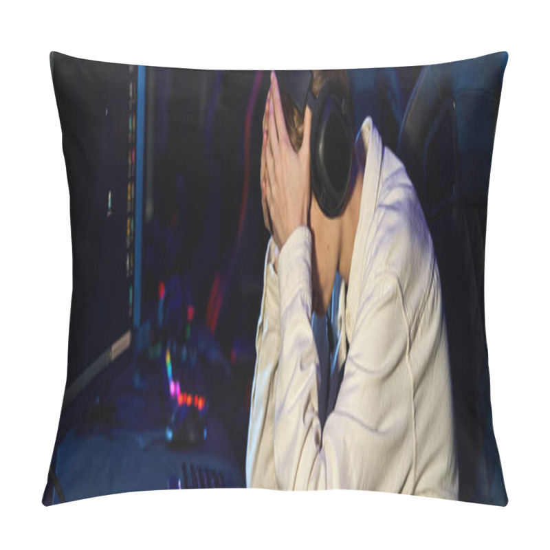 Personality  Upset Gamer In Headphones With Hands On Face After A Losing Cybersport Match, Disappointment Banner Pillow Covers