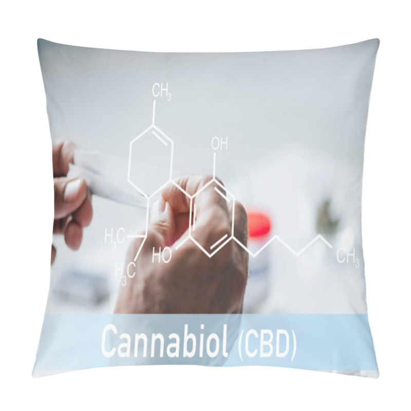 Personality  Cropped View Of Man Holding Blunt Of Medical Cannabis With Cbd Molecule Illustration Pillow Covers