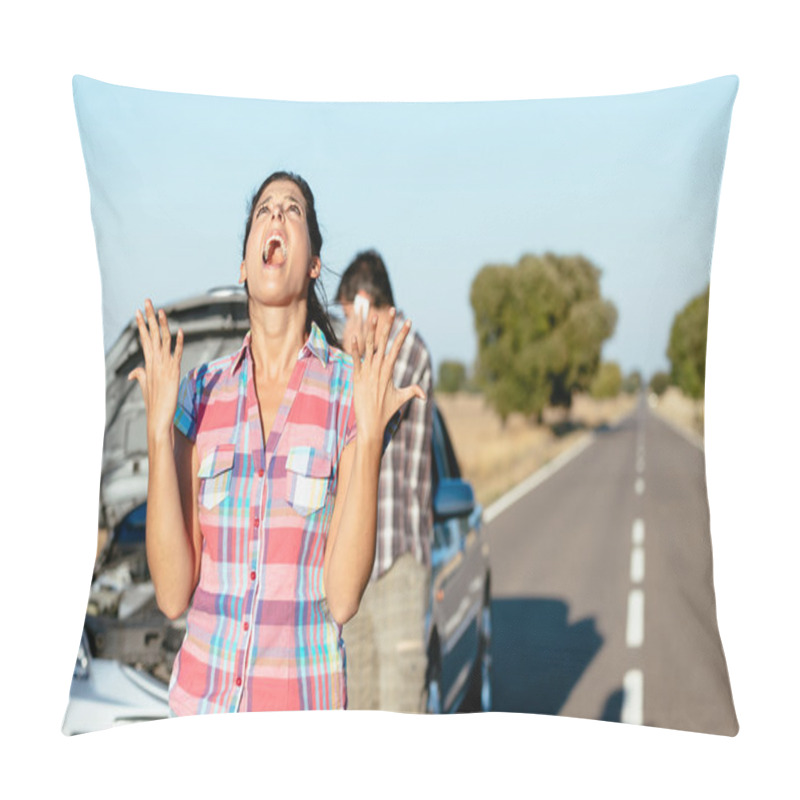 Personality  Desperate Woman Suffering Car Breakdown Pillow Covers