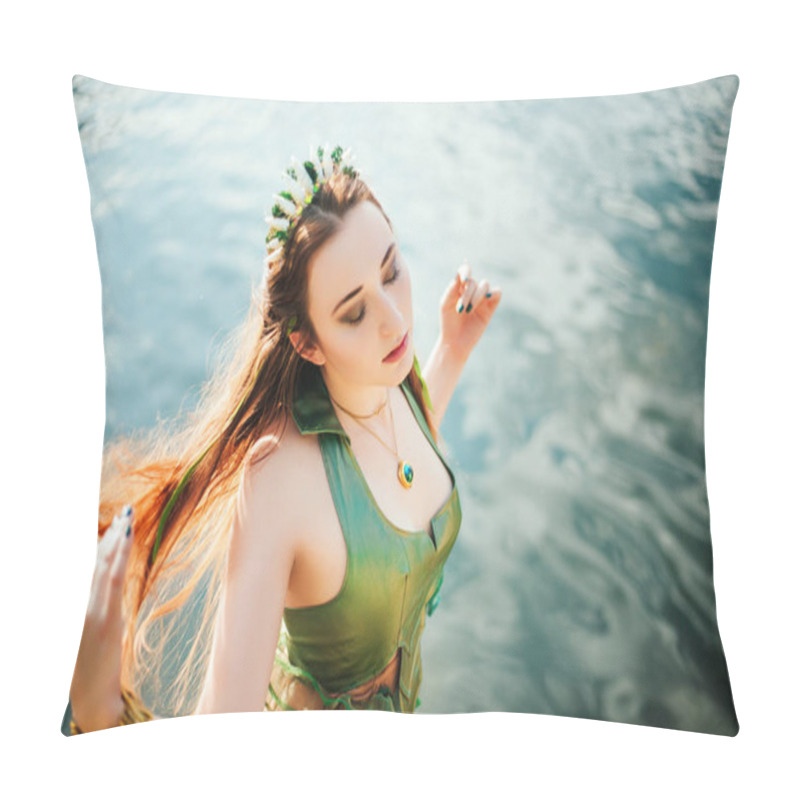 Personality  A Girl With Seaweed In Her Hair And In A Green Dress Is Standing Near A Pond. Model With A Rim With Shells. Mermaid Pillow Covers