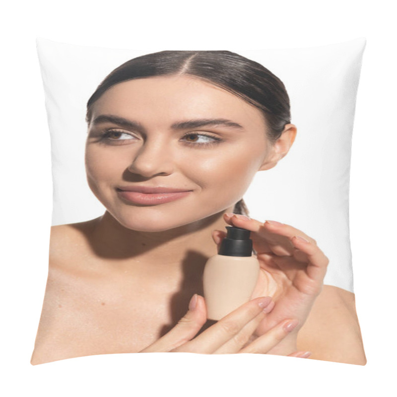 Personality  Brunette Woman Holding Bottle With Liquid Makeup Foundation Isolated On White  Pillow Covers