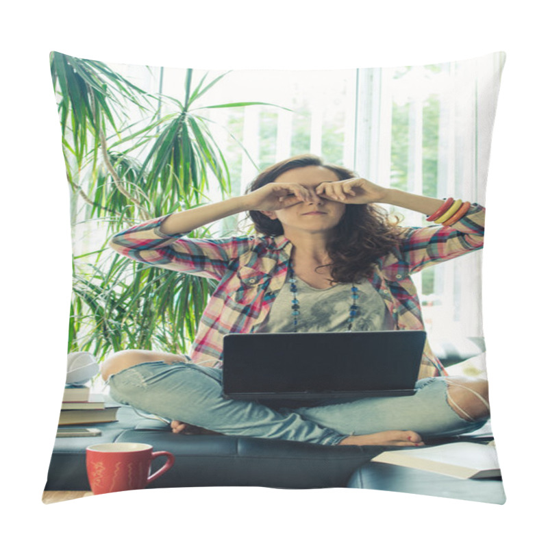 Personality  Casual Looking Lady Is Tired Working On Laptop Pillow Covers