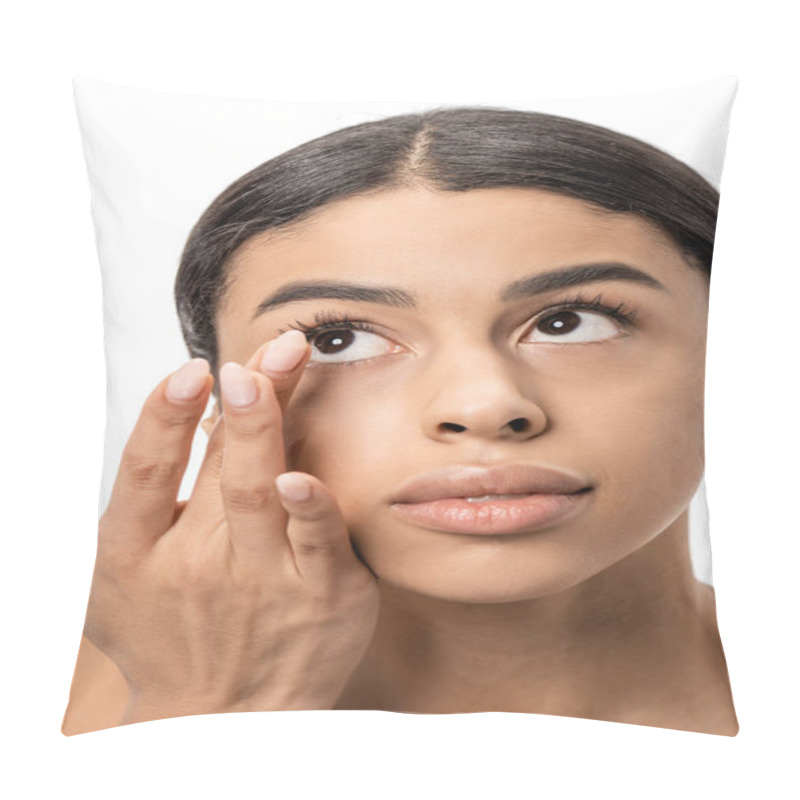 Personality  Beautiful Young African American Woman Applying Contact Lens Isolated On White  Pillow Covers