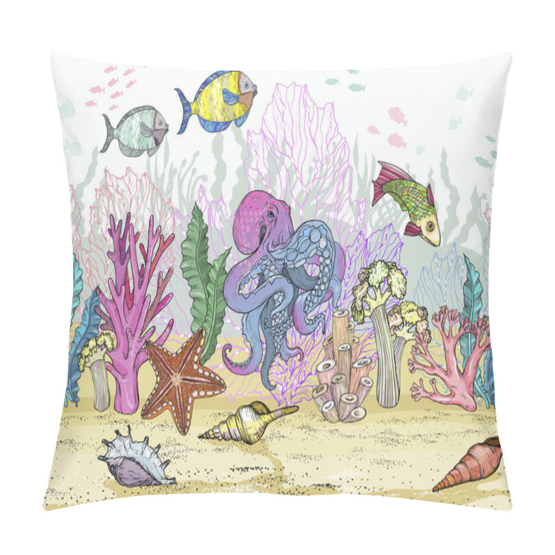 Personality  Seamless Pattern With Hand Drawn Sea Coral Reef, Oceanic Animal. Pillow Covers