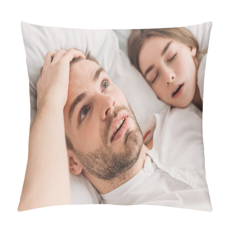 Personality  Awakened Man Holding Hand On Head While Lying In Bed Near Snoring Wife Pillow Covers