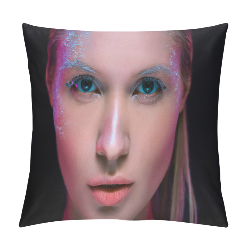 Personality  Close Up Portrait Of Attractive Young Woman With Winter Make Up Isolated On Black Pillow Covers