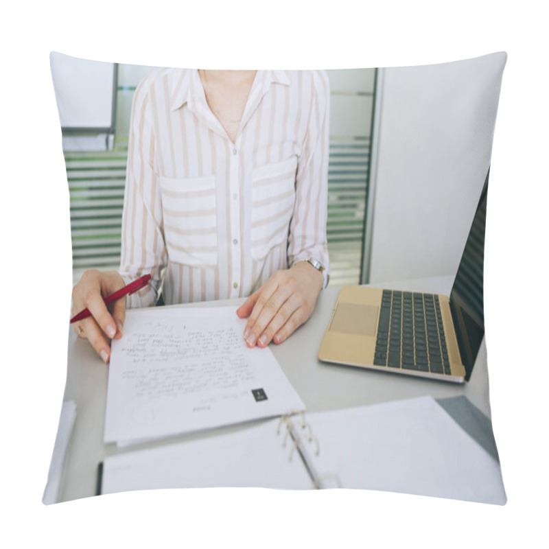 Personality  Hands Of Unrecognisable Woman Teacher Grading High School Exam. Pillow Covers