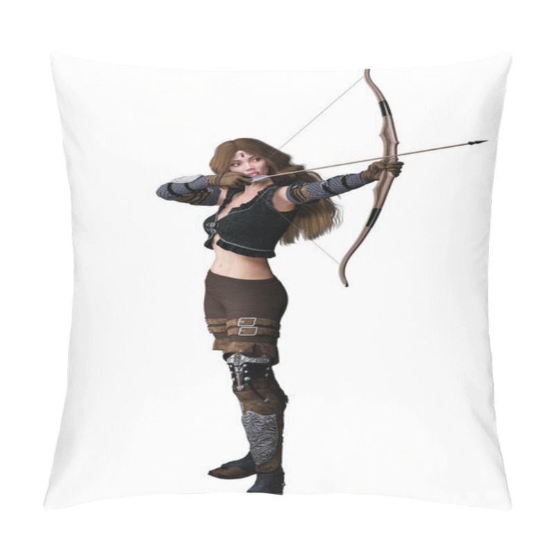 Personality  Caucasian Elf Archer Woman With Bow And Arrow On Isolated White Background, 3D Illustration, 3D Rendering Pillow Covers