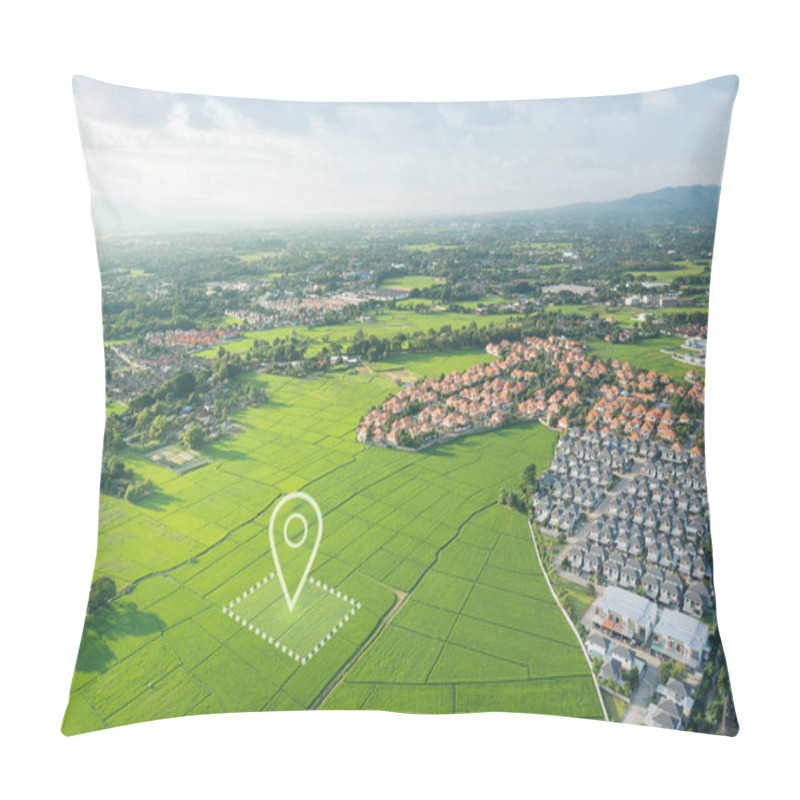 Personality  Land Plot In Aerial View. Identify Registration Symbol Of Vacant Area For Map. Real Estate Or Property For Business Of Home, House Or Residential I.e. Development, Sale, Rent, Buy Or Purchase. Pillow Covers