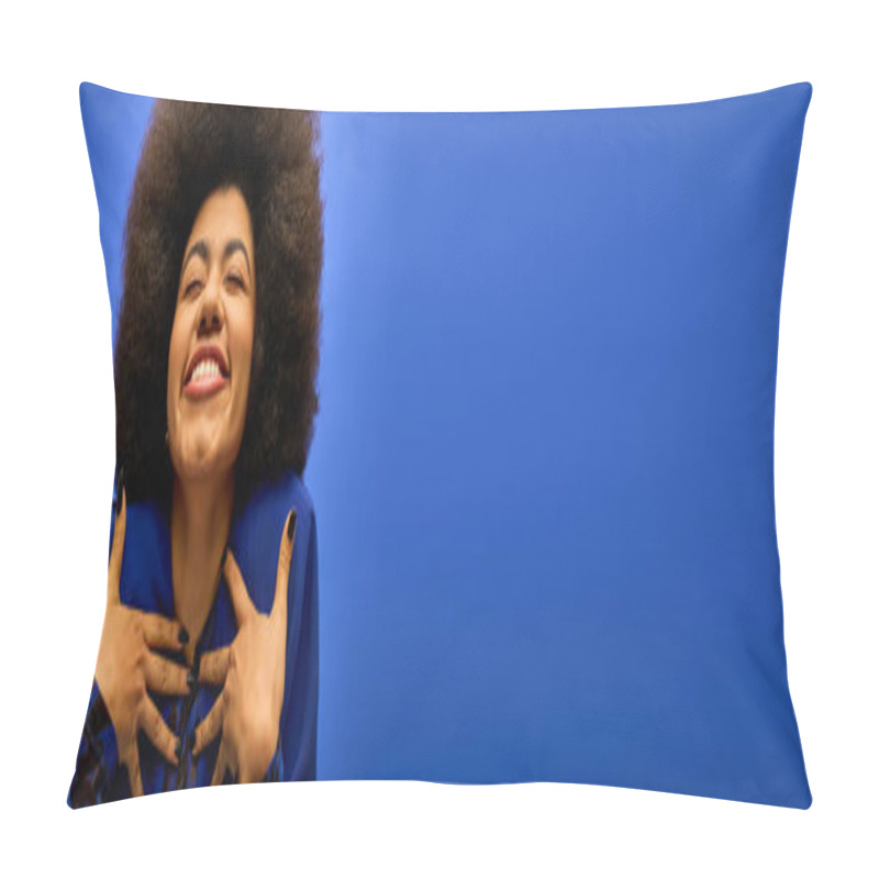 Personality  Stylish African American Woman With Curly Hairdo Looks Calm With Hands Resting On Chest. Pillow Covers